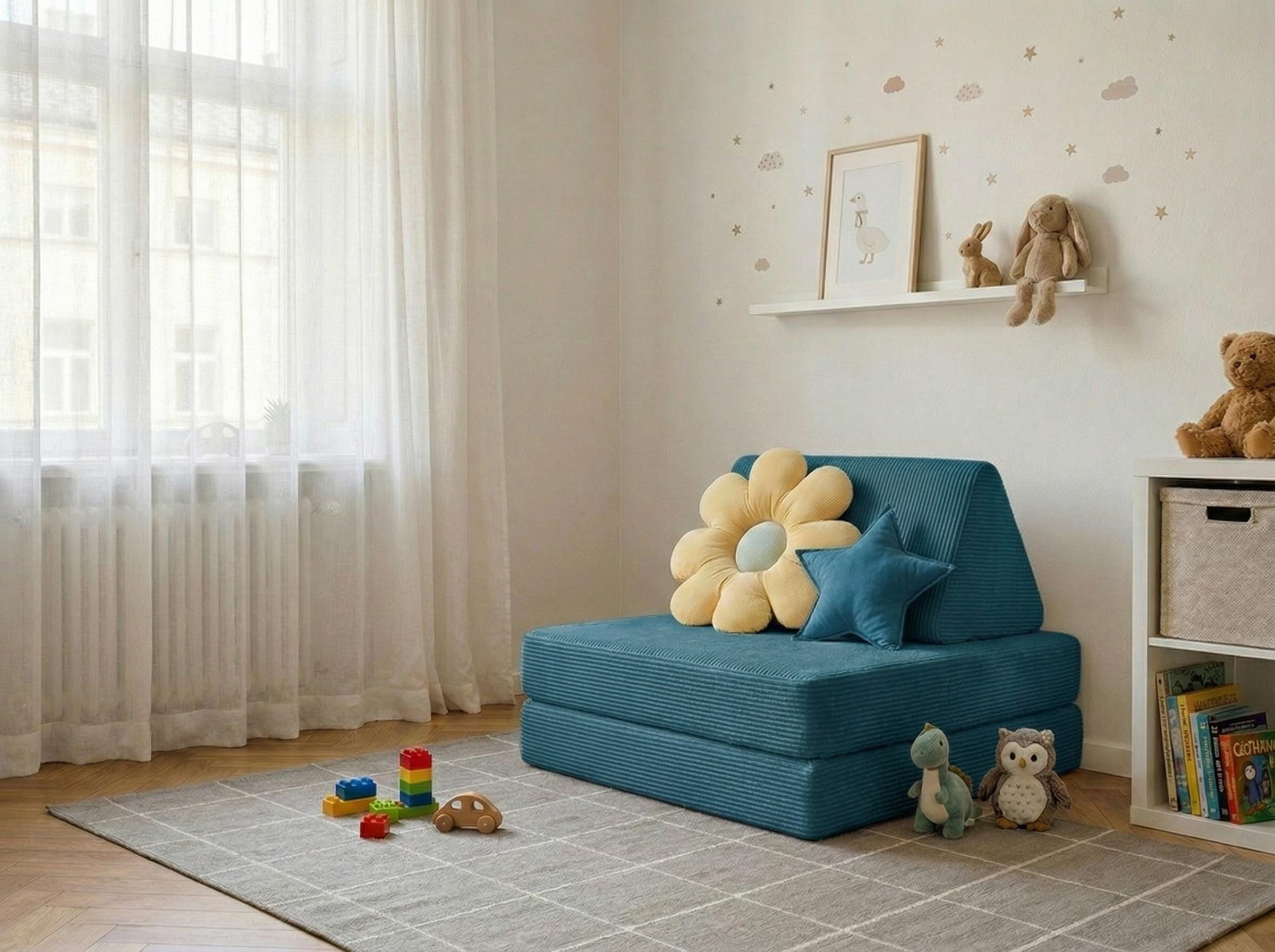 Kids corduroy floor couch in a bedroom