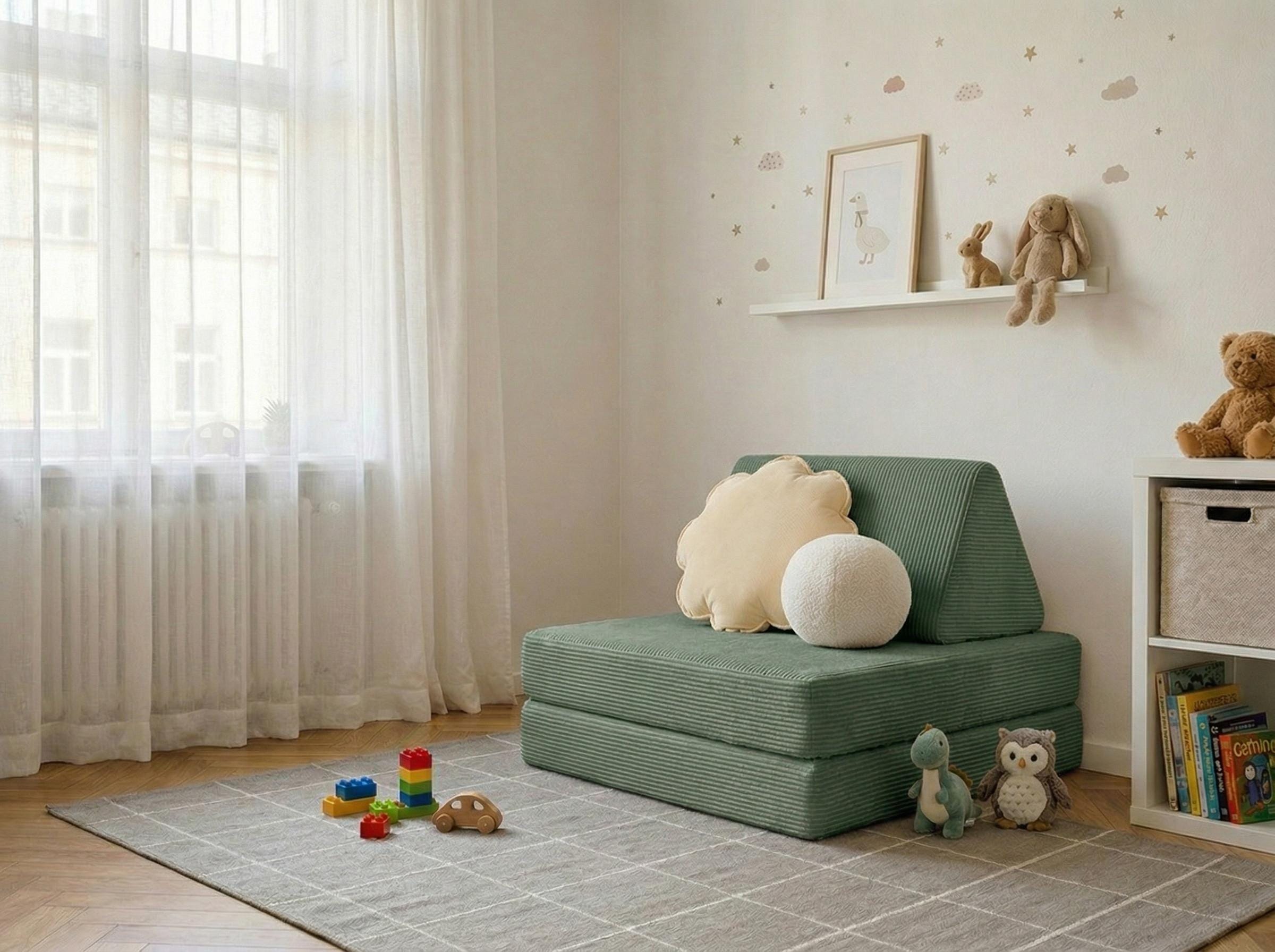 Child sitting on corduroy play couch