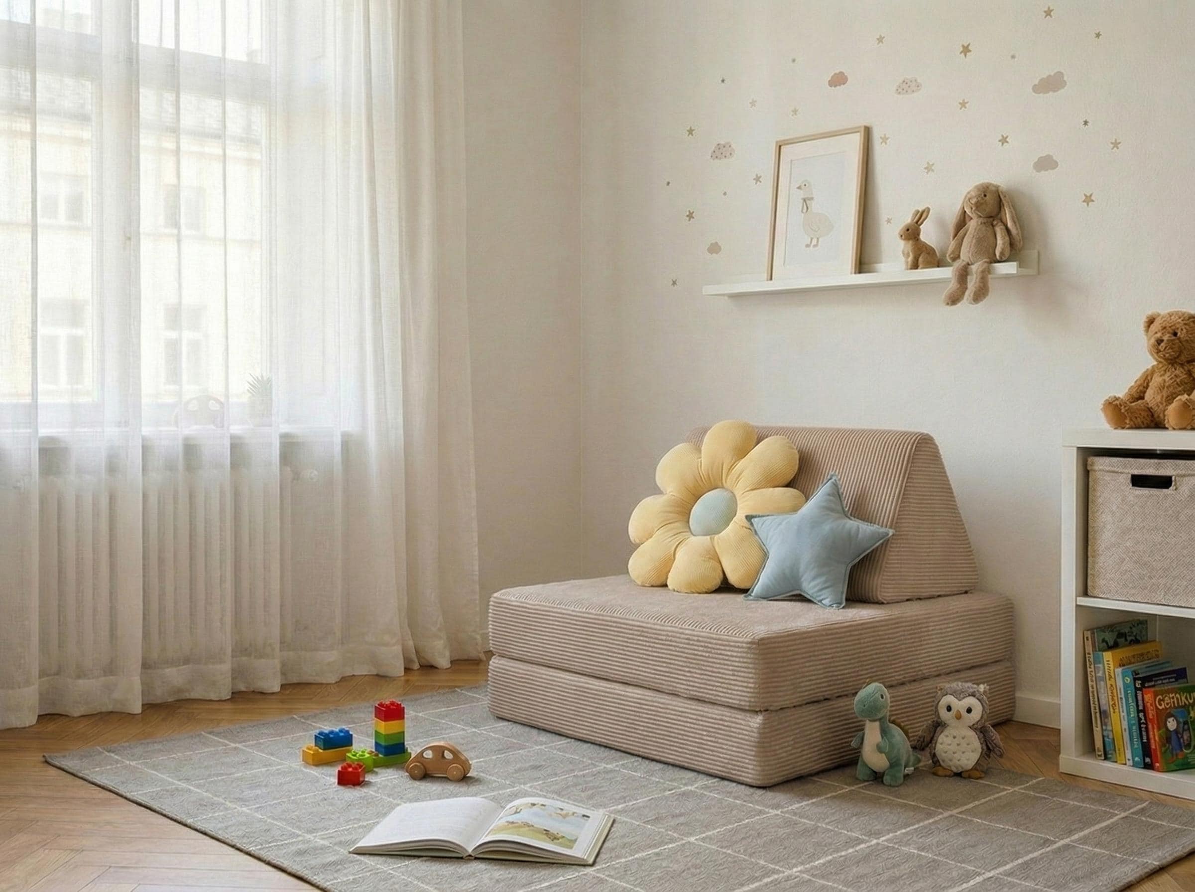 Kids play couch opened flat
