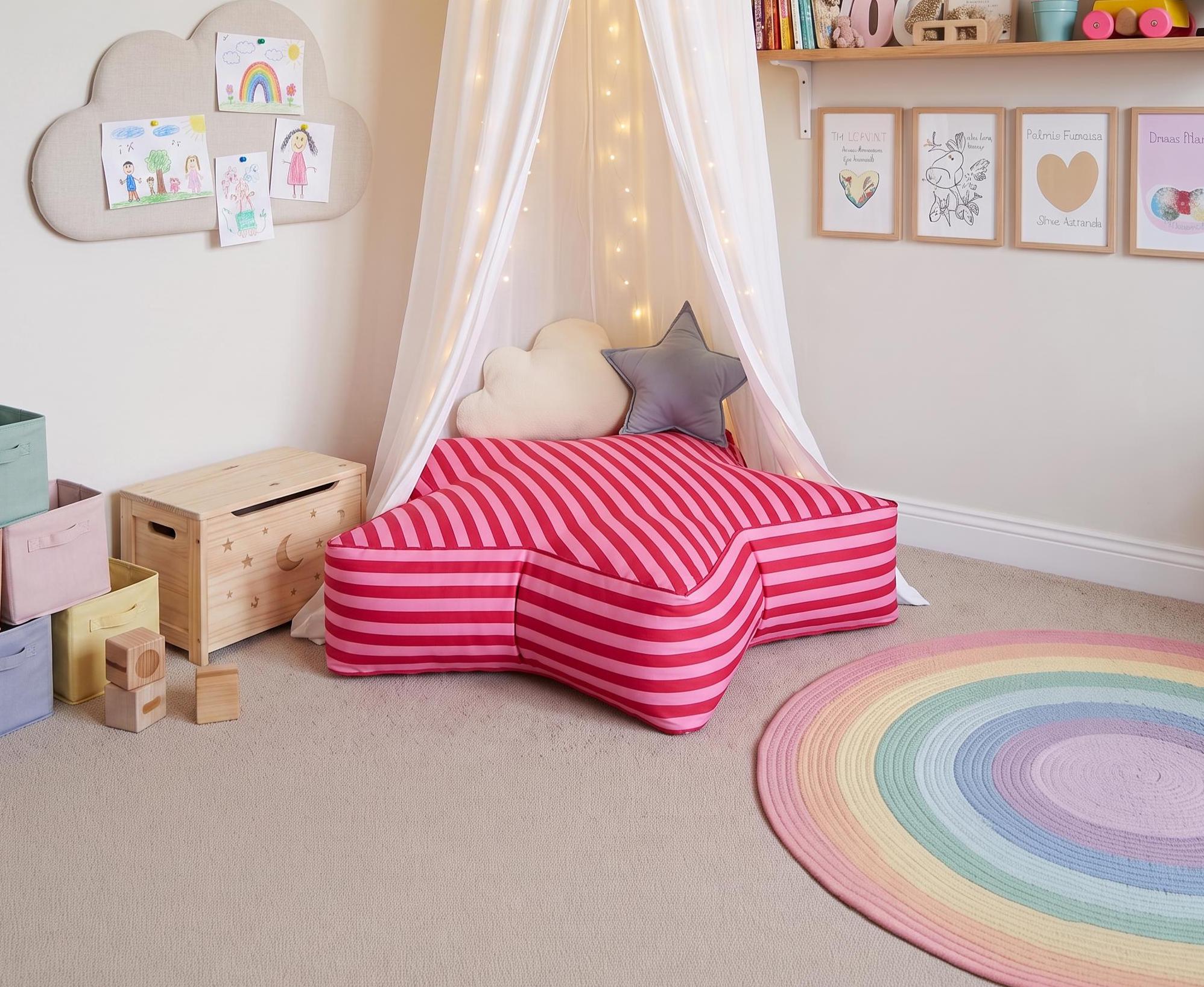 Giant star floor cushion for kids in striped duck cloth