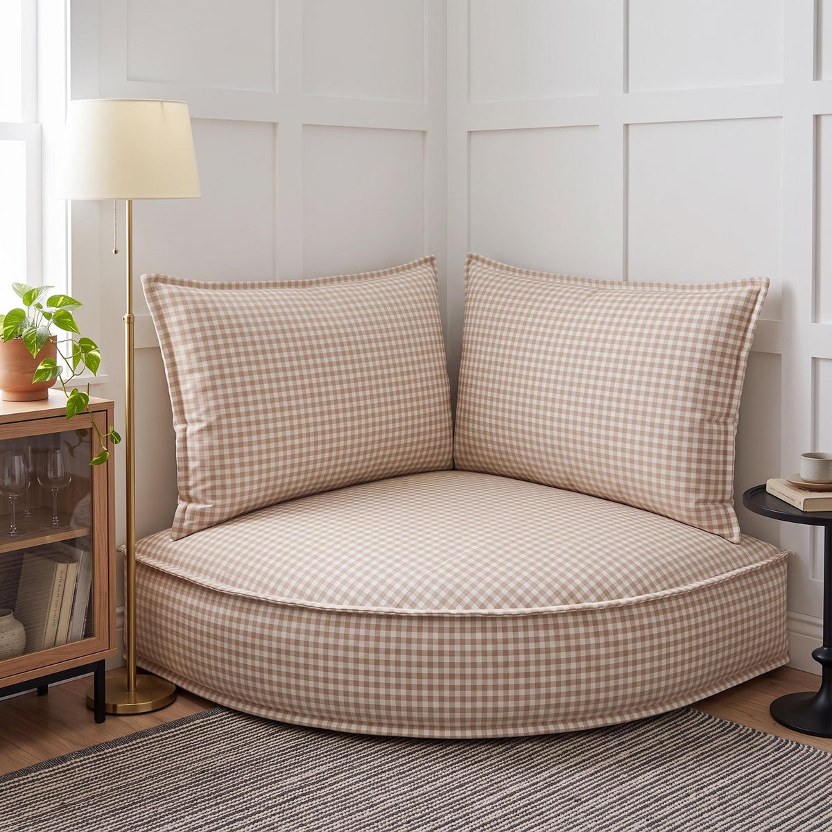 Plush corner cushion with backrest in striped gingham fabric