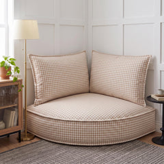 Plush corner cushion with backrest in striped gingham fabric