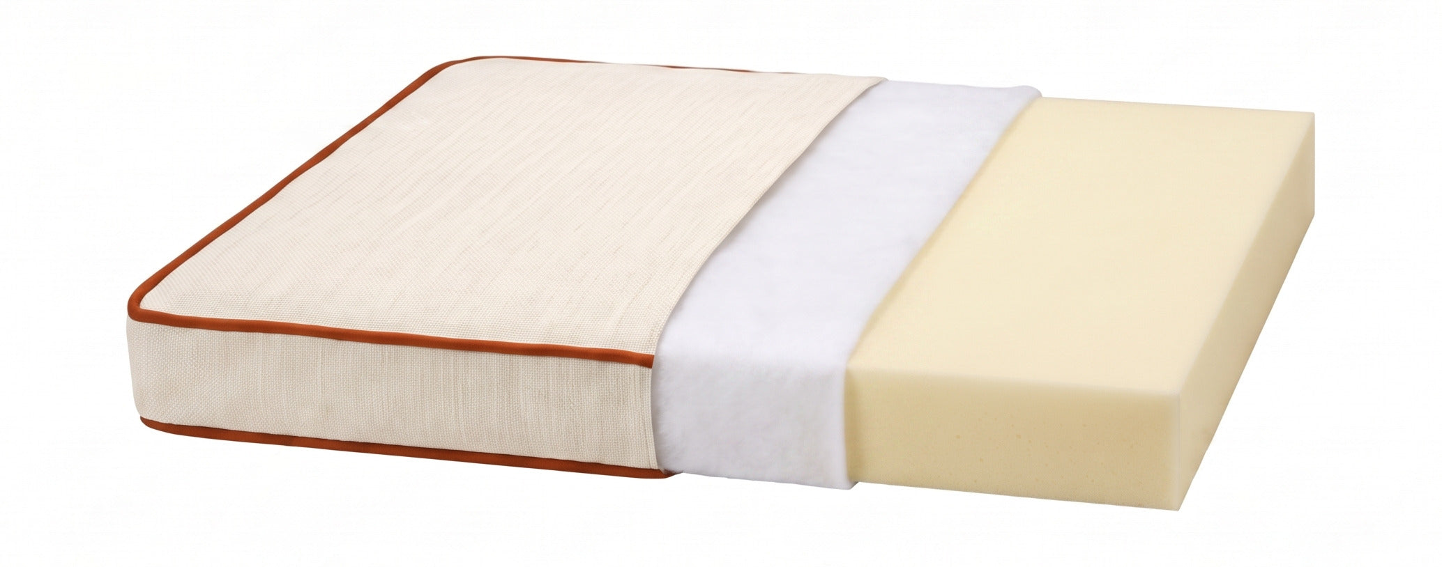 Cutaway of a cushion showing the fabric cover, a soft fibre wrap and the foam core