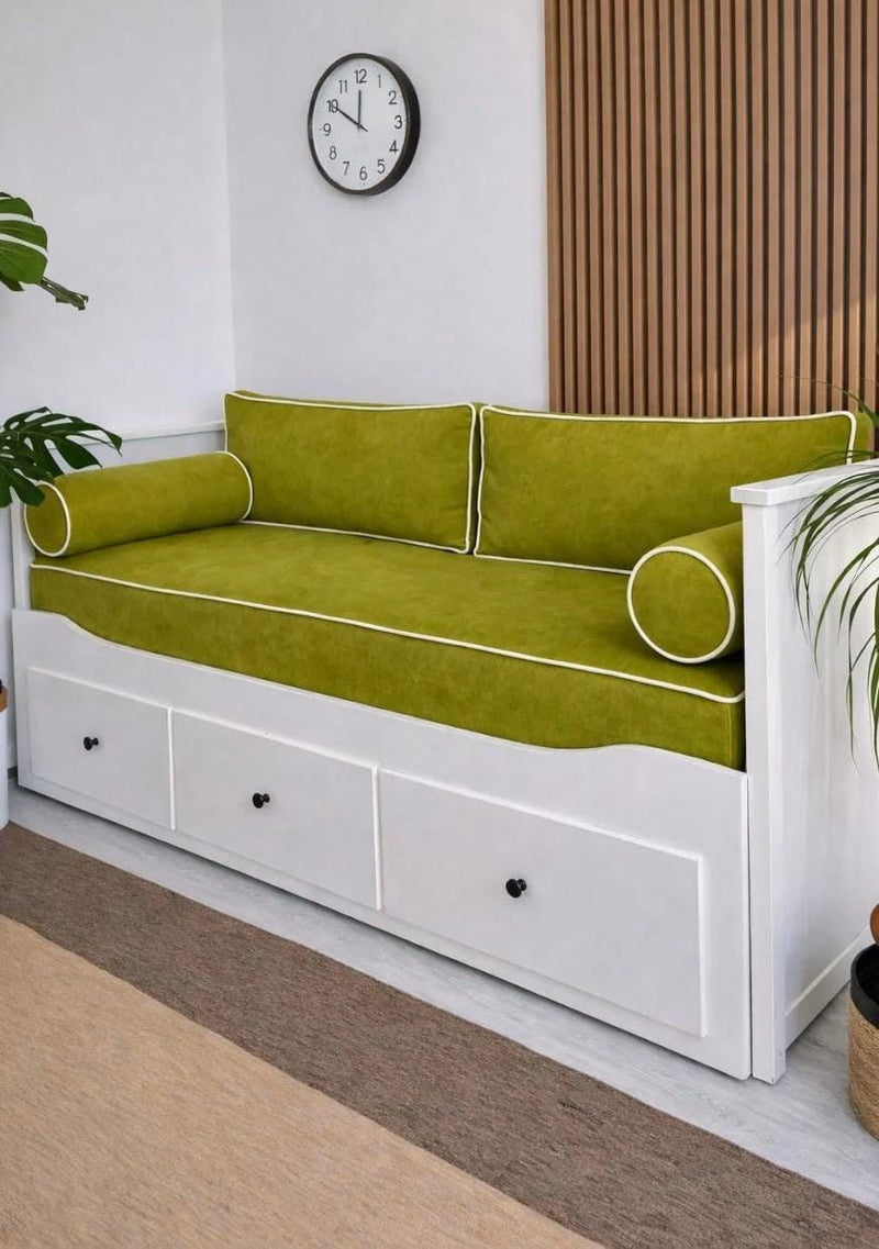Customer photo: green velvet daybed covers with white piping on a white daybed