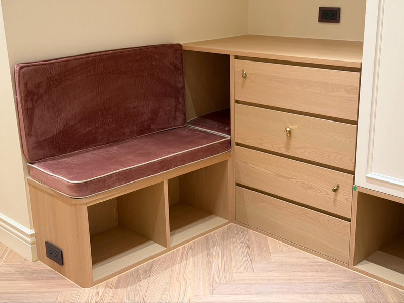 Customer photo: dusty rose velvet seat and back cushions on a built-in corner bench