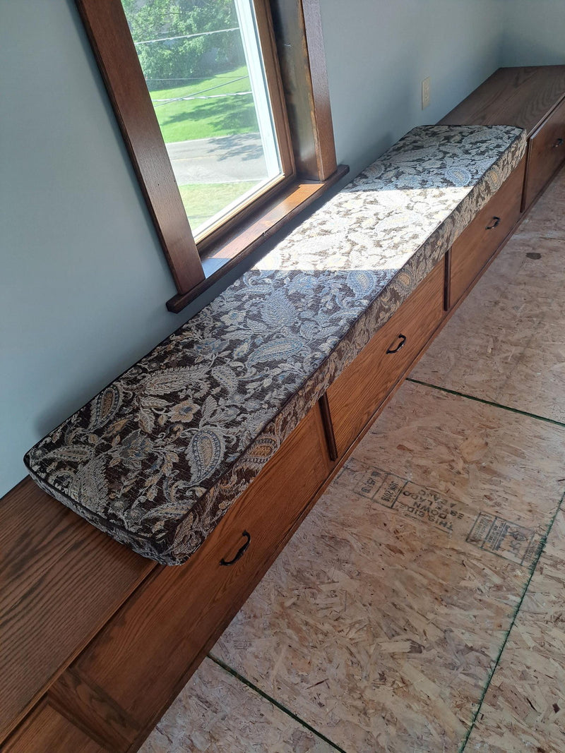 Customer photo: long floral cushion on a wooden window bench