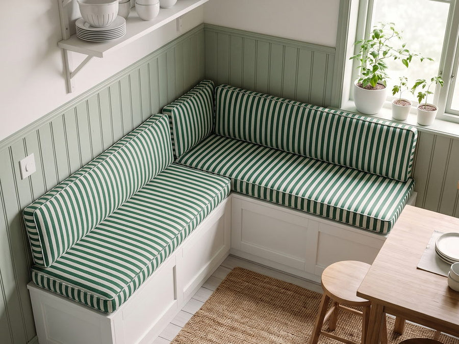 An L-shaped banquette cushion cut for a corner seat