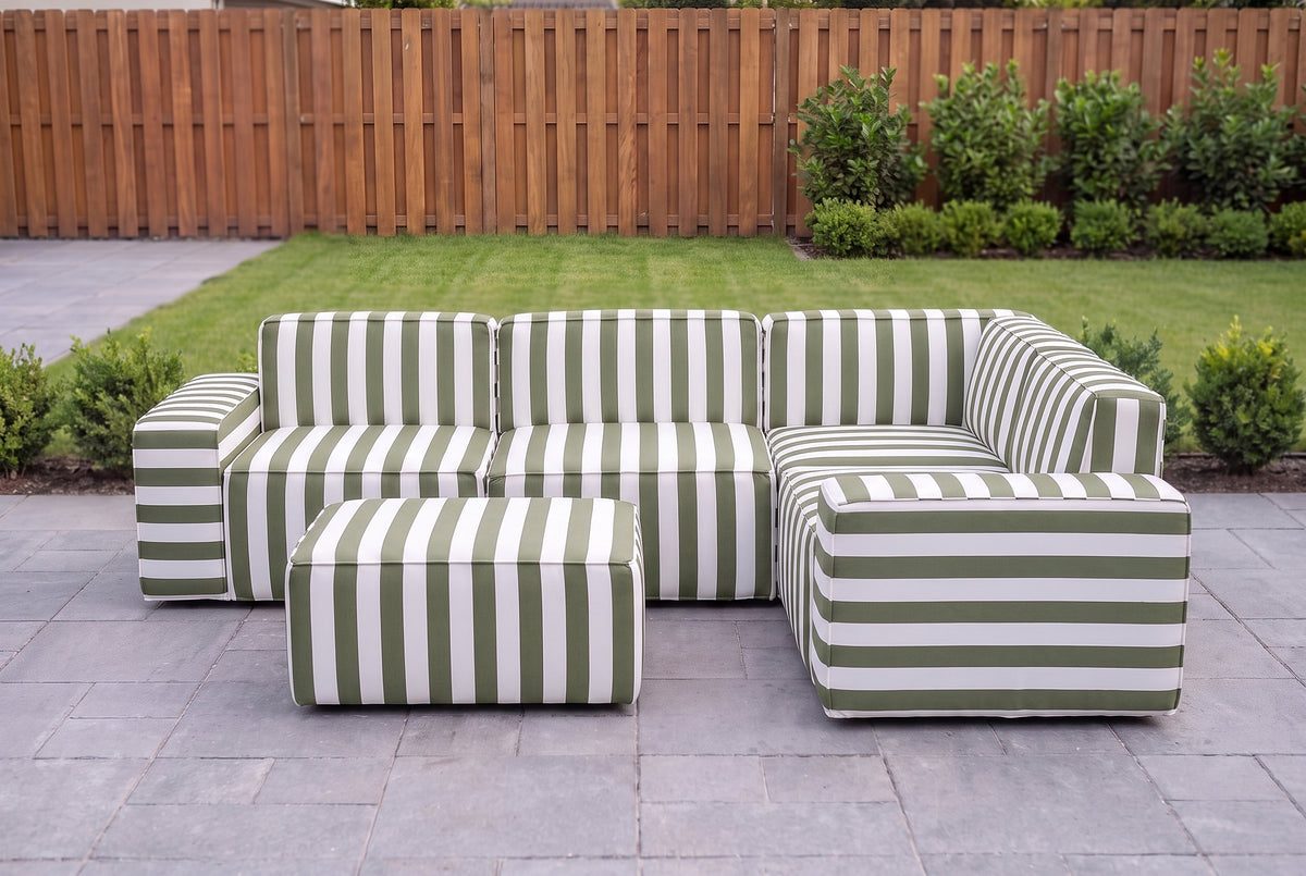 Sage Green Striped Poufudic L-Shaped Outdoor Sofa